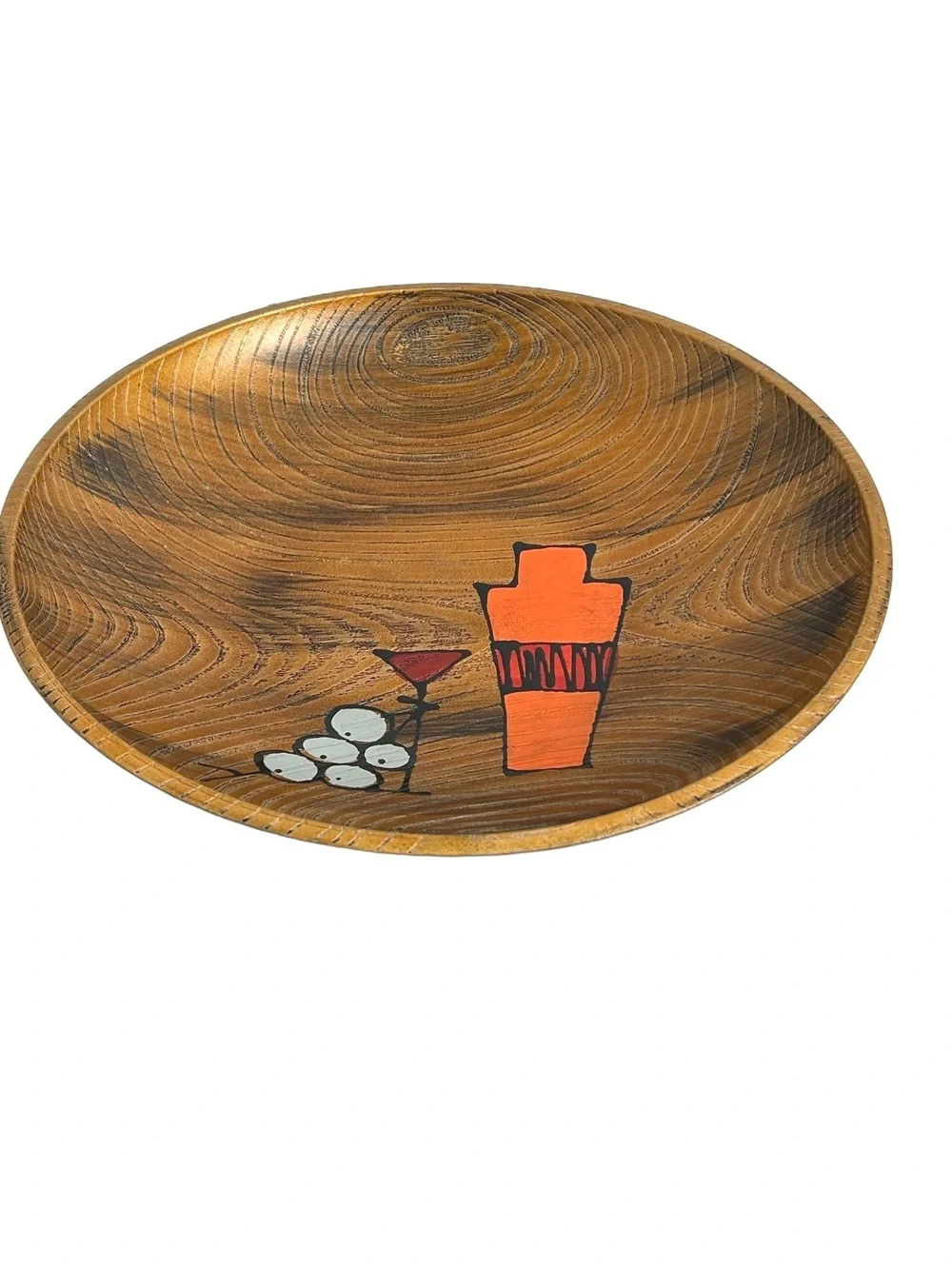 Mid-Century Modern Hand-Painted Wooden Bowl with Abstract Cocktail Design